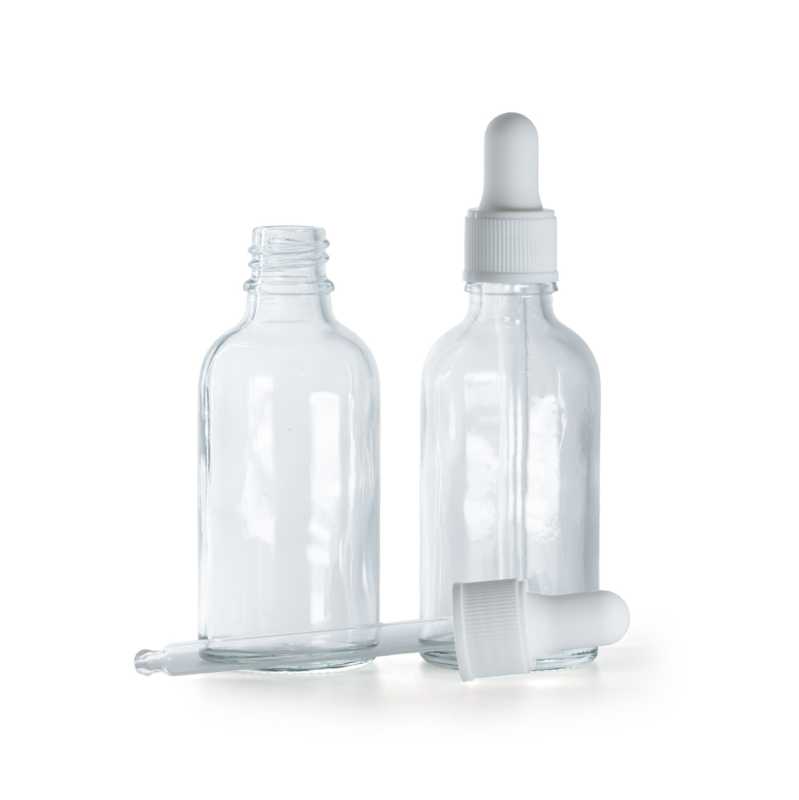 Flacone in vetro, trasparente, contagocce bianco opaco, 30 ml