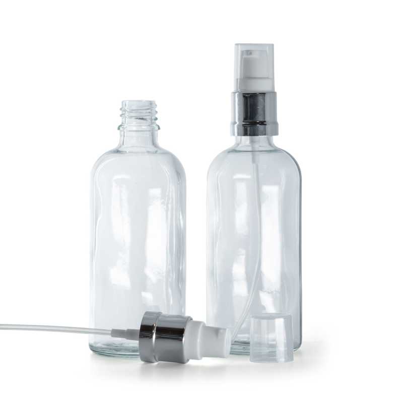 Flacone in vetro, trasparente, dispenser bianco argento lucido, 100 ml