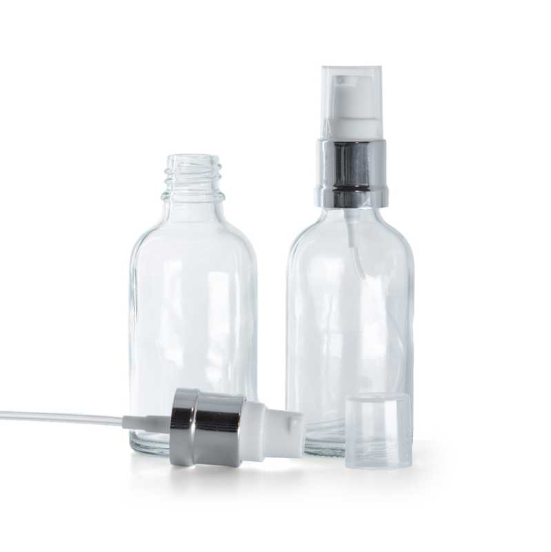 Flacone in vetro, trasparente, dosatore bianco argento lucido, 30 ml