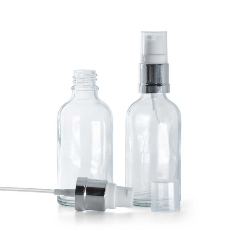 Flacone in vetro, trasparente, dosatore bianco argento lucido, 50 ml