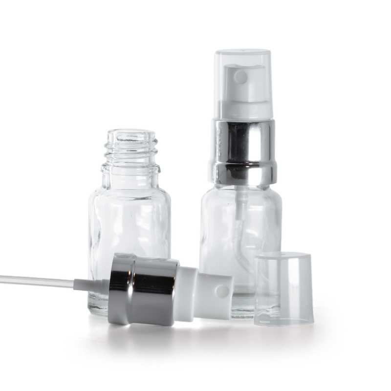 Bottiglia in vetro, trasparente, spruzzatore bianco argento, 10 ml