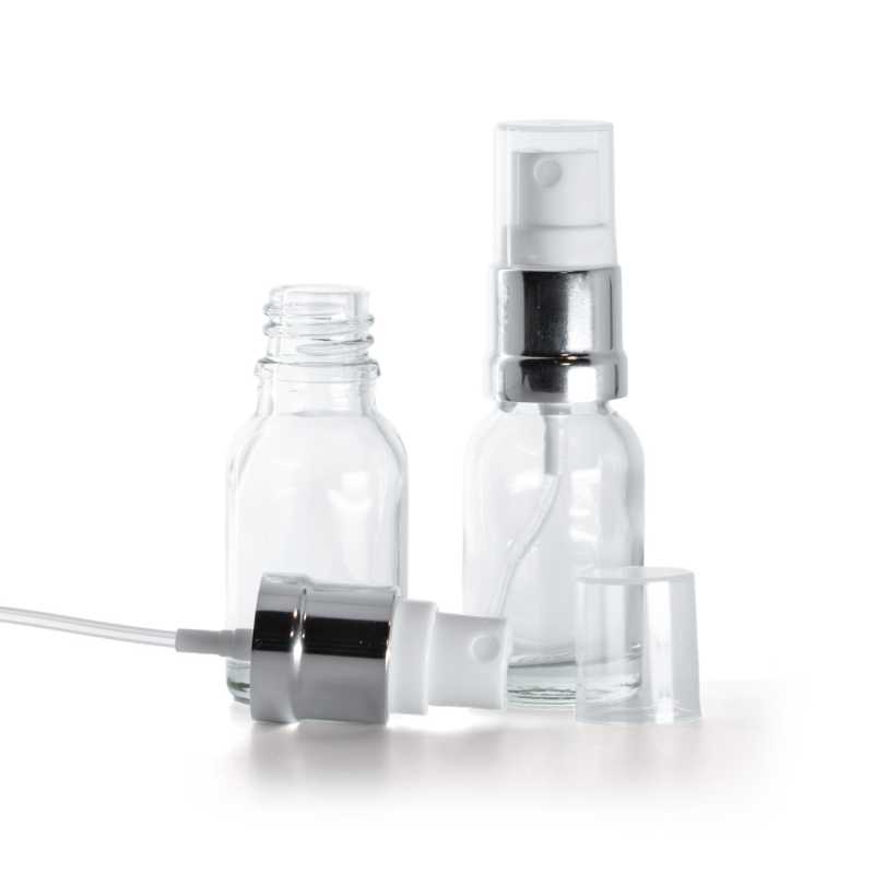 Flacone in vetro, trasparente, spruzzatore bianco argento lucido, 15 ml
