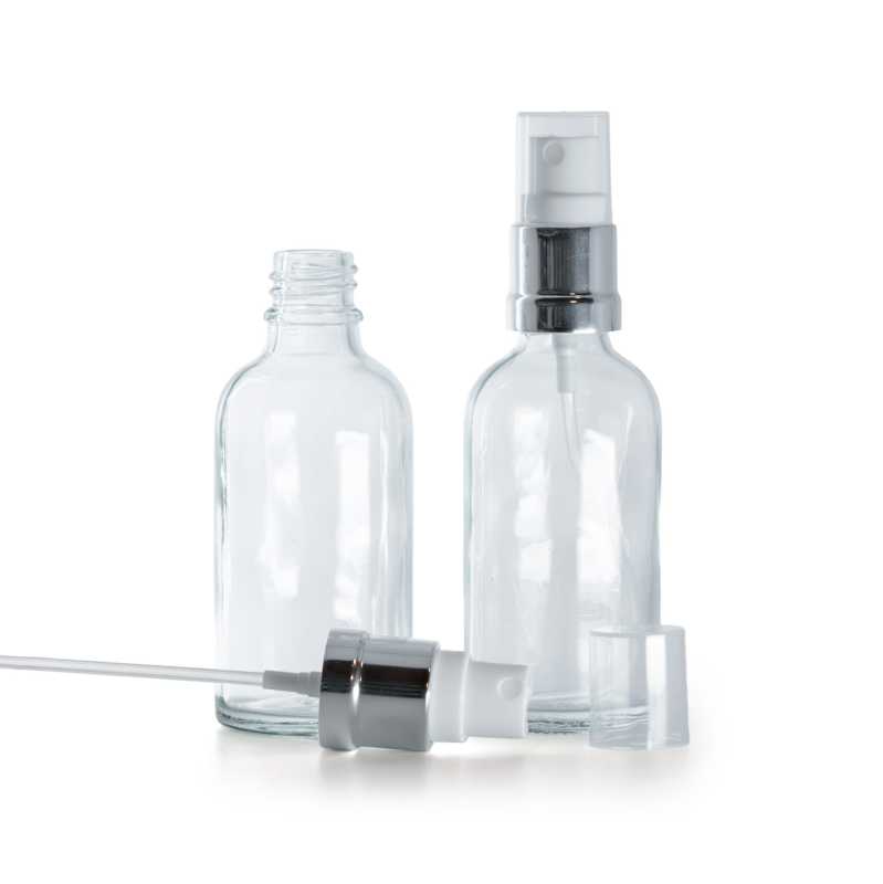 Flacone in vetro, trasparente, spruzzatore bianco argento, 30 ml