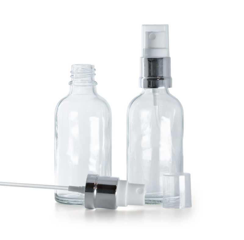 Bottiglia in vetro, trasparente, spruzzatore bianco argento lucido, 50 ml