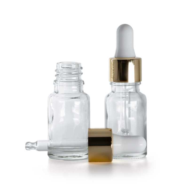 Flacone in vetro, trasparente, contagocce bianco oro, 10 ml