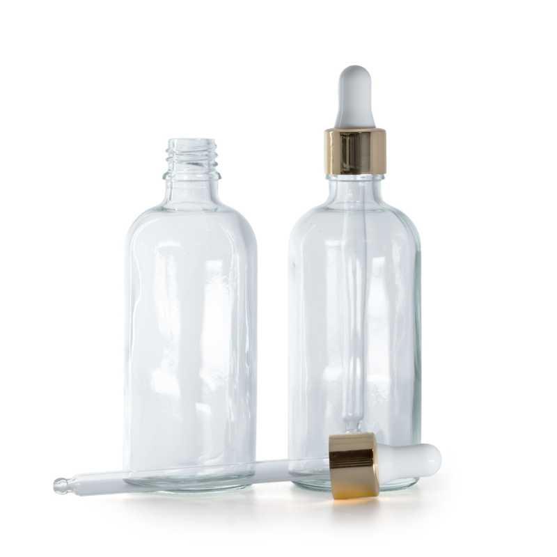 Flacone, vetro, trasparente, contagocce bianco e oro, 100 ml