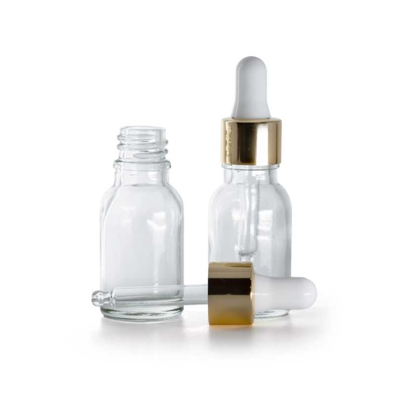 Flacone in vetro, trasparente, contagocce bianco oro, 15 ml
