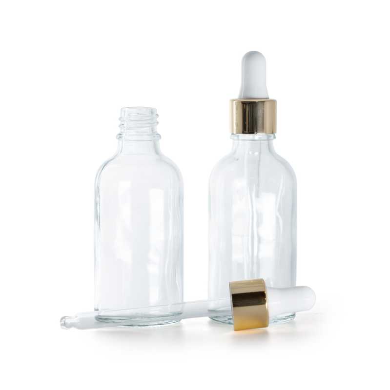 Bottiglia in vetro, trasparente, contagocce bianco oro, 30 ml