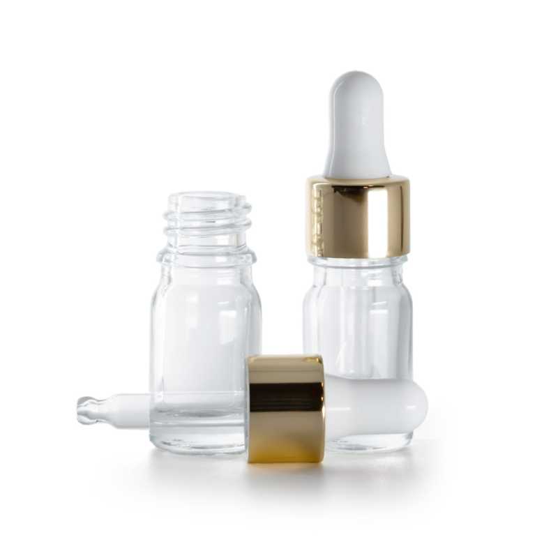 Bottiglia in vetro trasparente, contagocce bianco dorato lucido, 5 ml