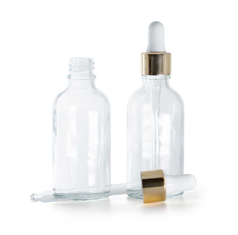 Flacone in vetro, trasparente, contagocce bianco oro, 50 ml