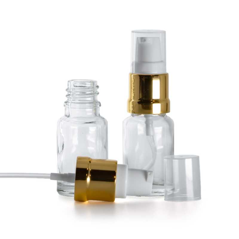 Bottiglia in vetro, trasparente, dosatore bianco oro lucido, 10 ml