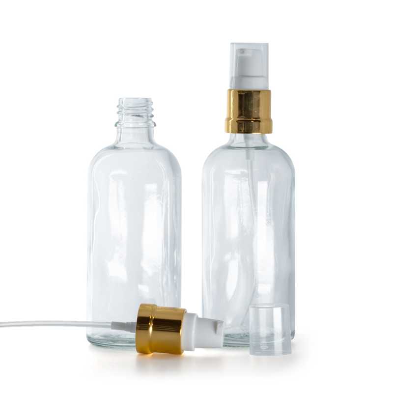 Bottiglia in vetro, trasparente, dosatore bianco dorato lucido, 100 ml