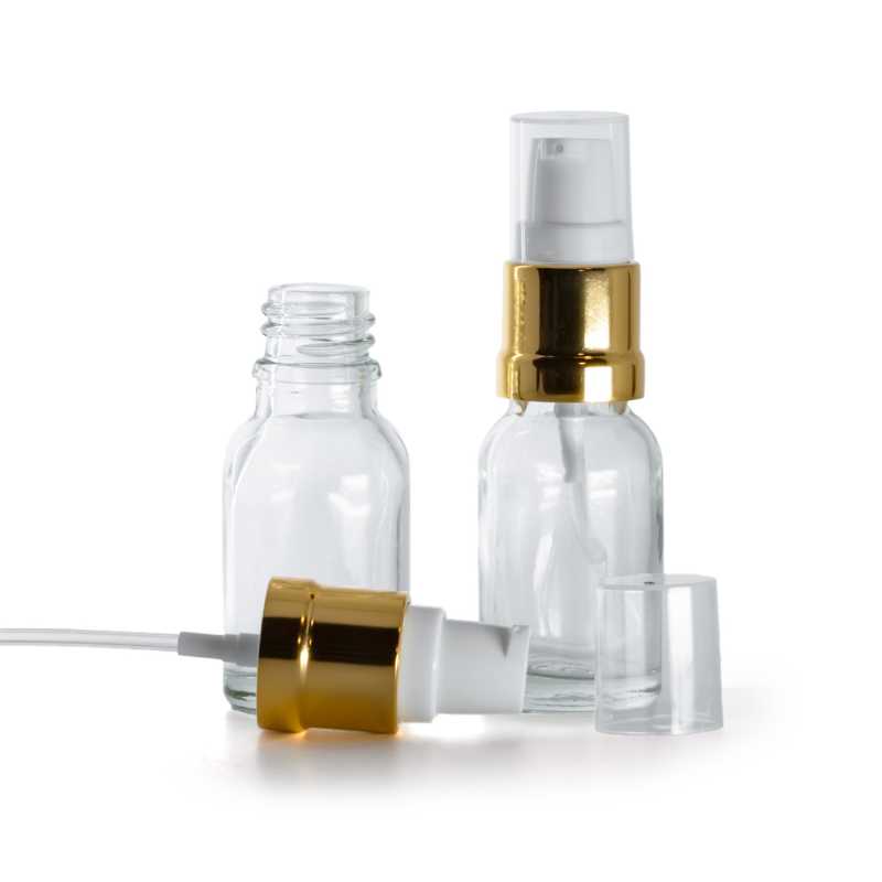 Flacone in vetro, trasparente, dosatore bianco dorato lucido, 15 ml