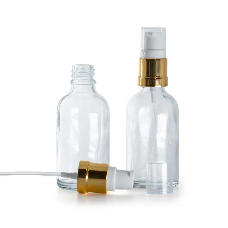 Flacone in vetro, trasparente, dosatore bianco oro lucido, 30 ml