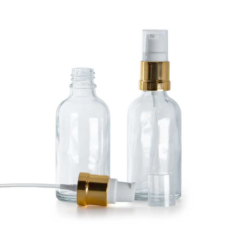 Bottiglia in vetro, trasparente, dosatore bianco dorato lucido, 50 ml