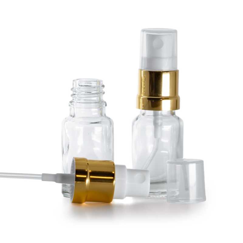 Flacone in vetro, trasparente, spruzzatore bianco e oro, 10 ml