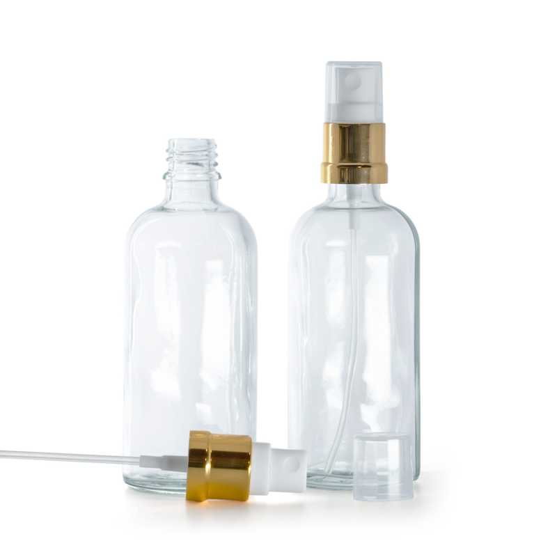 Bottiglia in vetro, trasparente, spruzzatore bianco oro lucido, 100 ml