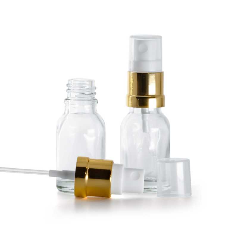 Bottiglia in vetro, trasparente, spruzzatore bianco dorato, 15 ml