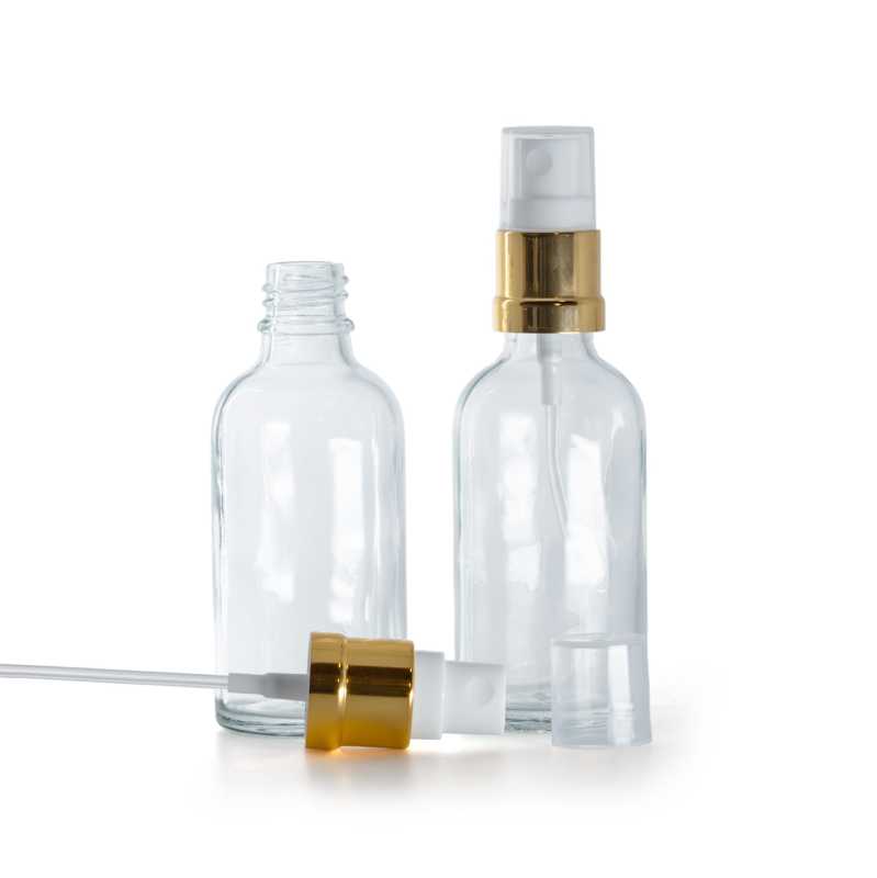 Flacone in vetro, trasparente, spruzzatore bianco oro lucido, 30 ml