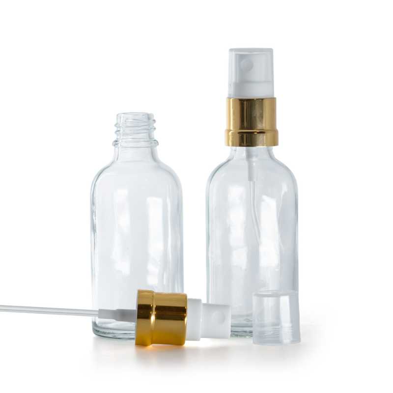 Bottiglia in vetro, trasparente, spruzzatore bianco oro, 50 ml