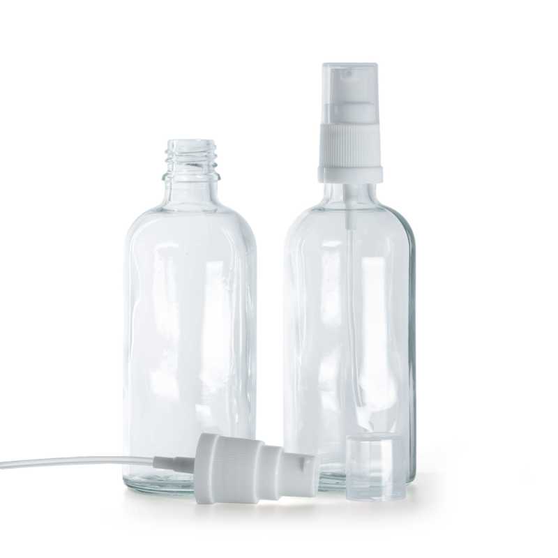 Bottiglia in vetro, trasparente, dosatore bianco, 100 ml