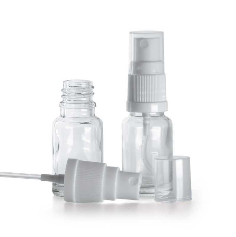 Bottiglia in vetro, trasparente, spruzzatore bianco, 10 ml