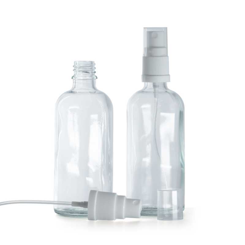 Bottiglia in vetro, trasparente, spruzzatore bianco, 100 ml