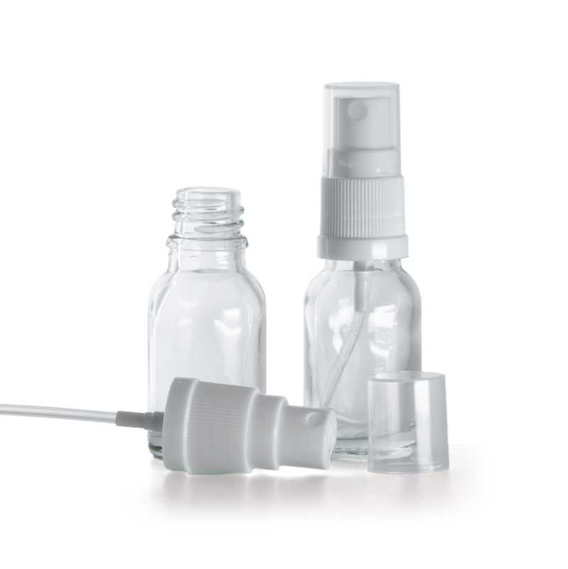 Flacone in vetro, trasparente, spruzzatore bianco, 15 ml