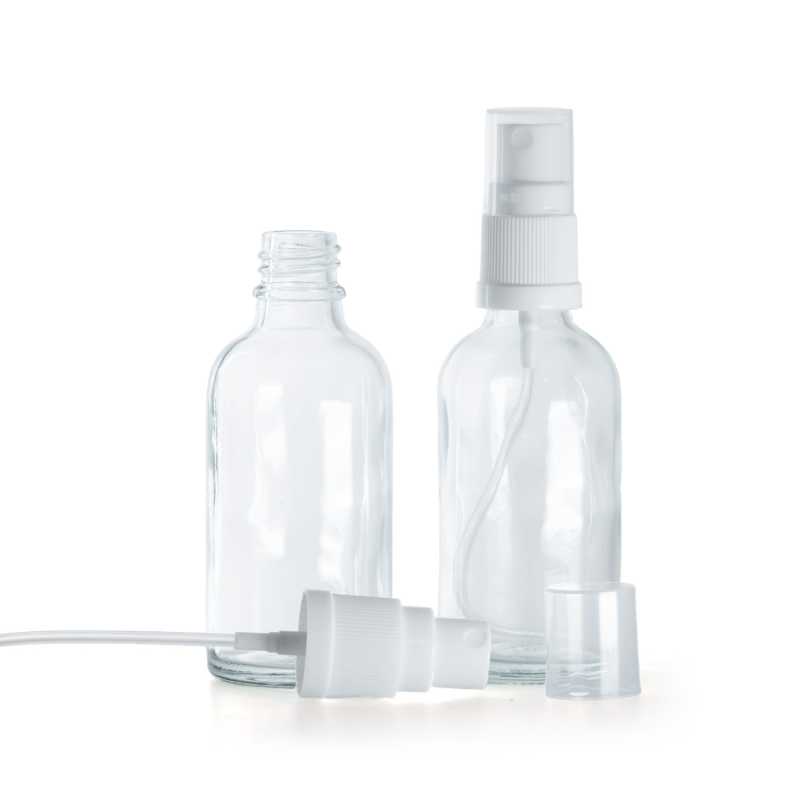 Bottiglia in vetro, trasparente, spruzzatore bianco, 30 ml