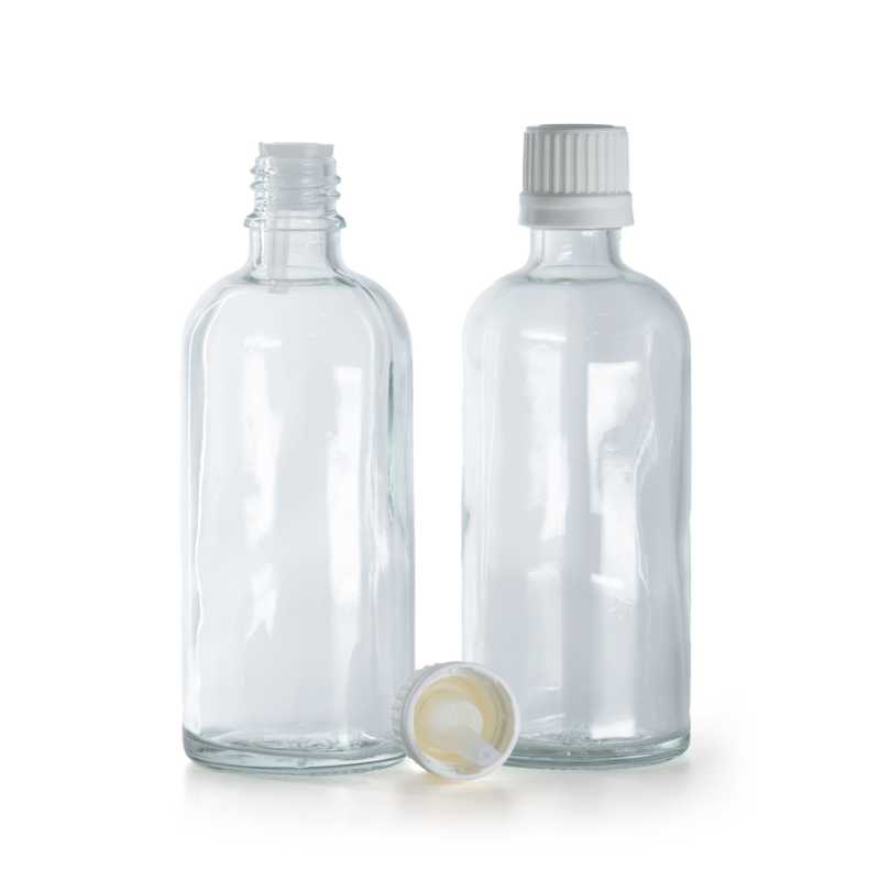 Flacone di vetro trasparente, tappo bianco antimanomissione con contagocce interno, 100 ml