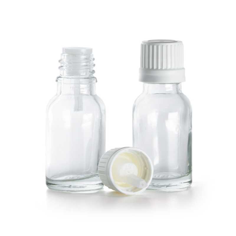 Flaconcino di vetro trasparente, tappo contagocce bianco, 15 ml