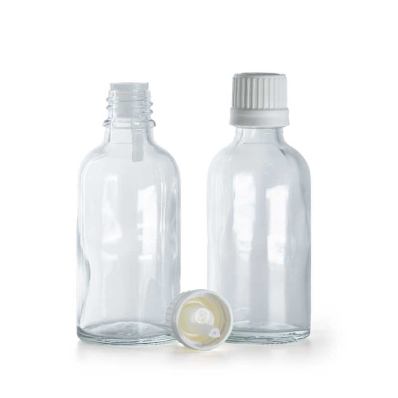 Flacone di vetro trasparente, tappo antimanomissione bianco con contagocce interno, 30 ml