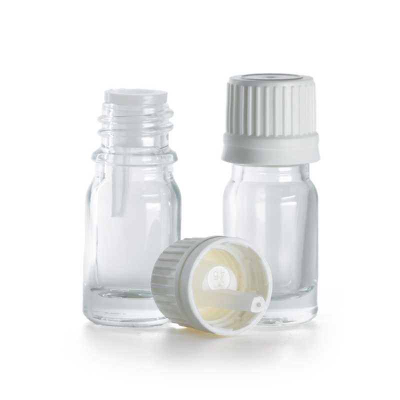 Flaconcino di vetro trasparente, tappo bianco con contagocce interno, 5 ml