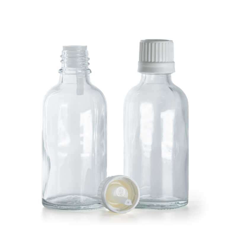 Flacone di vetro trasparente, tappo bianco con contagocce, 50 ml