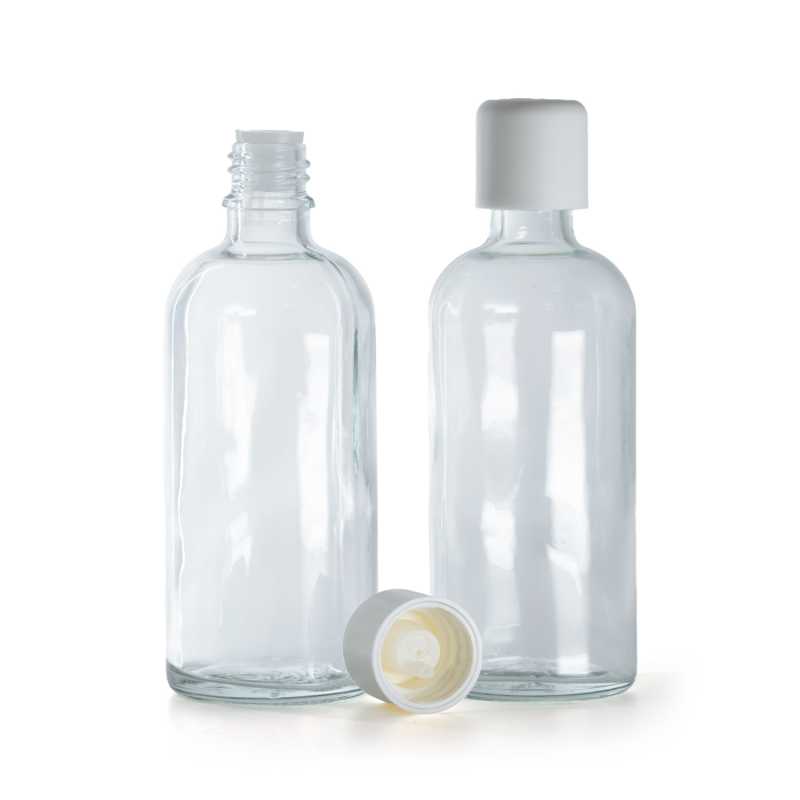 Bottiglia in vetro, trasparente, tappo di sicurezza bianco con contagocce, 100 ml