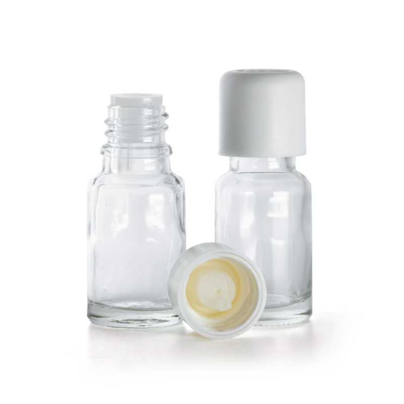 Bottiglia in vetro, trasparente, tappo di sicurezza bianco con contagocce, 10 ml