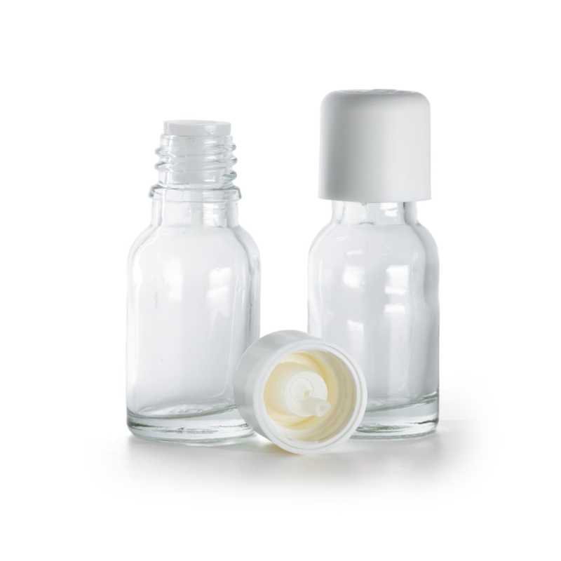 Bottiglia in vetro, trasparente, tappo di sicurezza bianco con contagocce, 15 ml