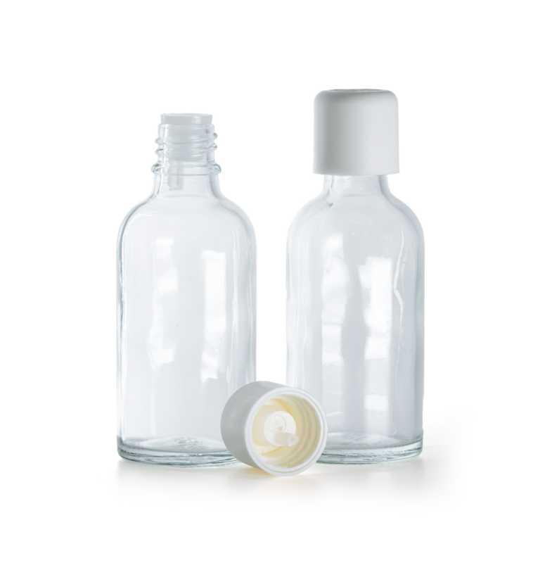 Flacone in vetro, trasparente, tappo contagocce di sicurezza bianco, 30 ml