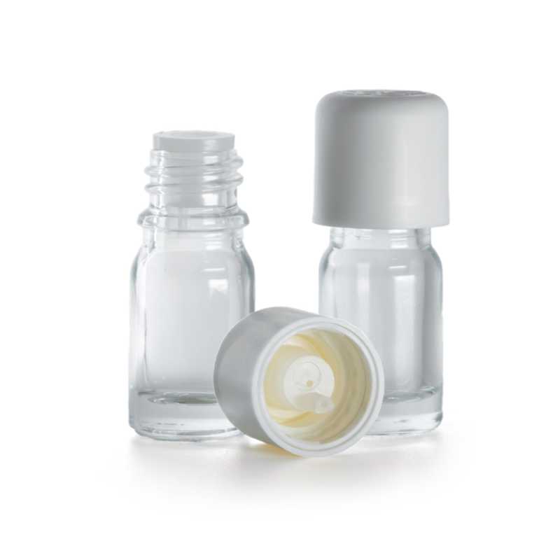 Flacone in vetro, trasparente, tappo di sicurezza bianco con contagocce, 5 ml