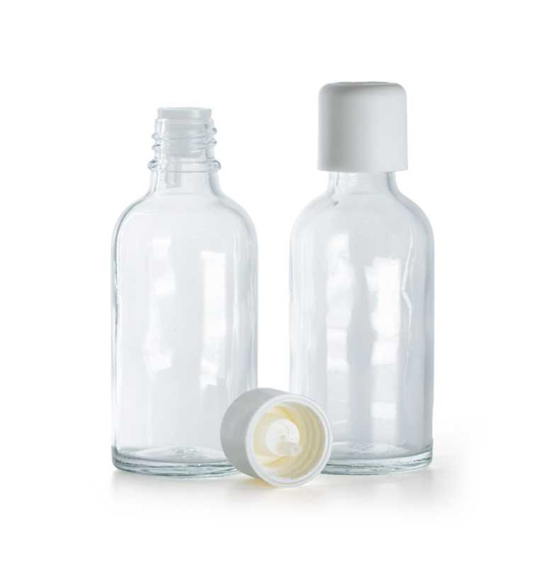 Flacone in vetro trasparente, tappo di sicurezza bianco con contagocce, 50 ml