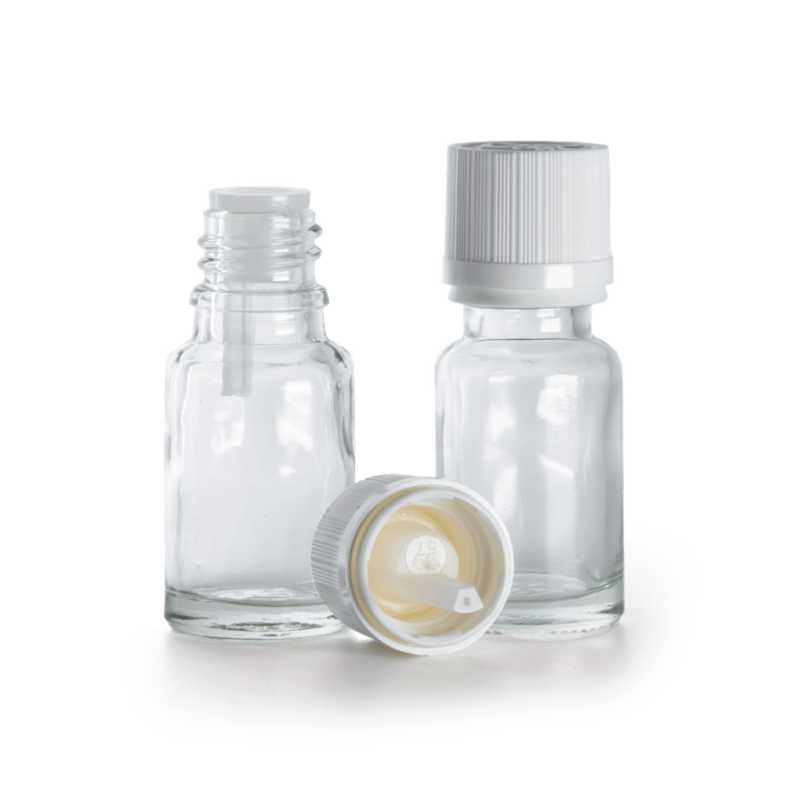 Bottiglia in vetro, trasparente, tappo di sicurezza bianco con sigillo e contagocce, 10 ml