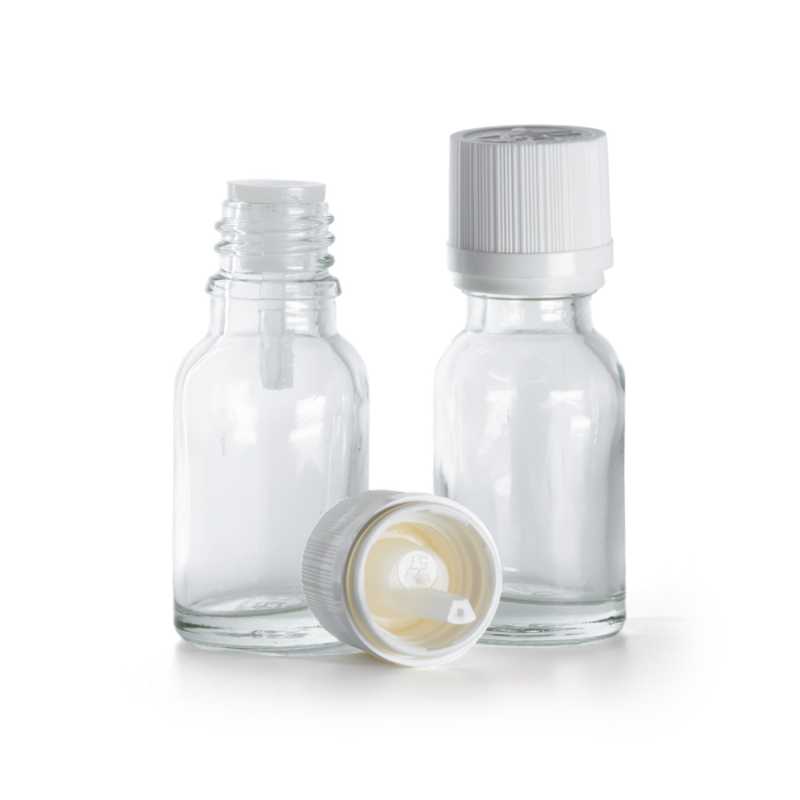 Flacone in vetro, trasparente, tappo di sicurezza antimanomissione bianco con contagocce, 15 ml
