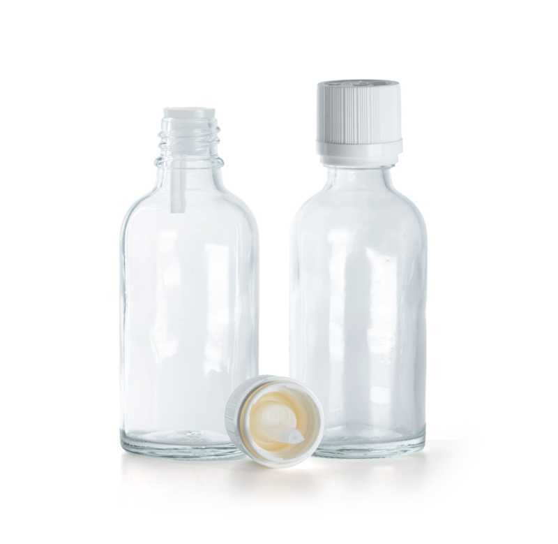 Flacone in vetro, trasparente, tappo di sicurezza antimanomissione bianco con contagocce, 30 ml