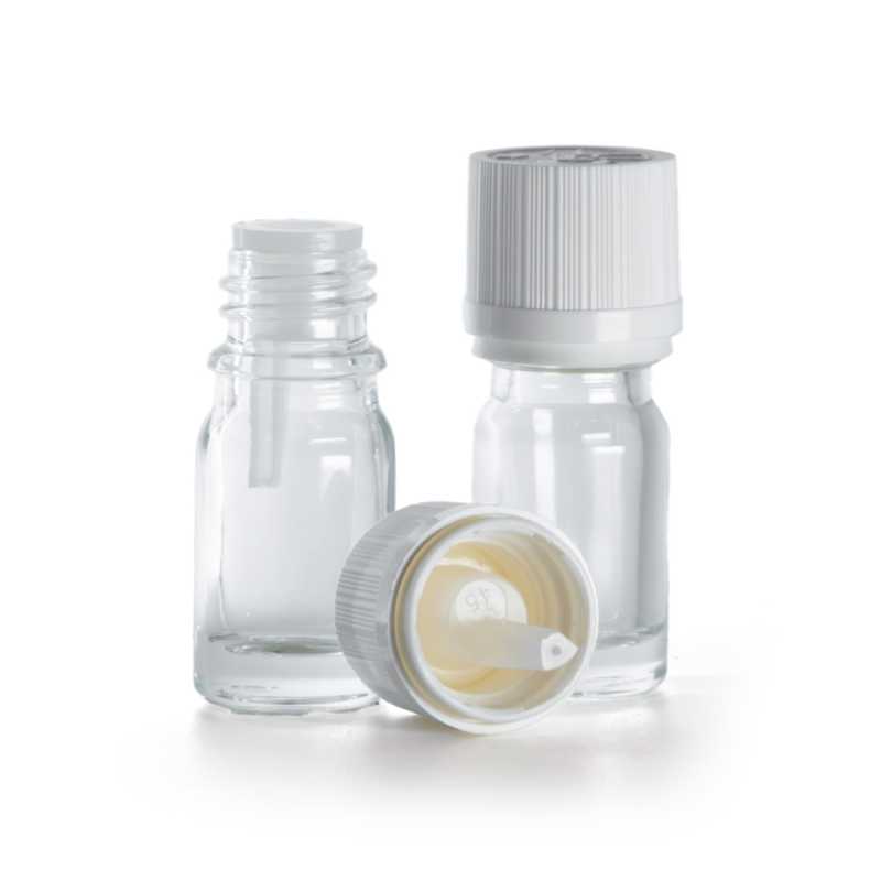Flacone in vetro, trasparente, tappo di sicurezza antimanomissione bianco con contagocce, 5 ml