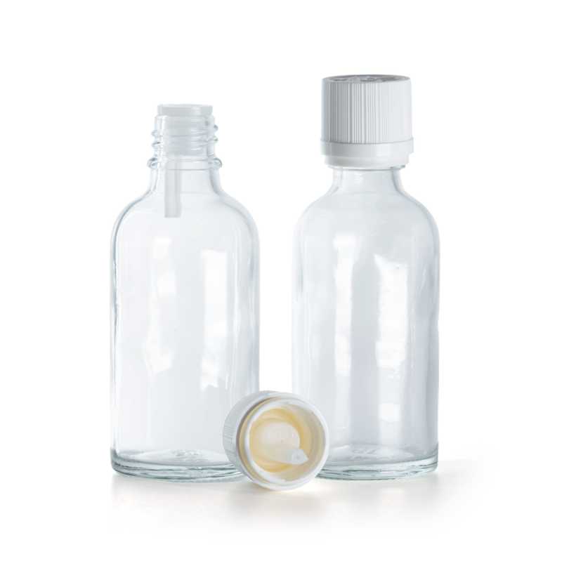 Bottiglia in vetro, trasparente, tappo di sicurezza bianco con contagocce, 50 ml