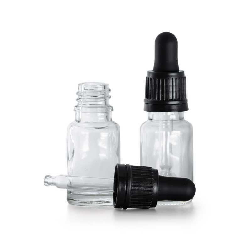 Flacone in vetro, trasparente, contagocce nero, 10 ml