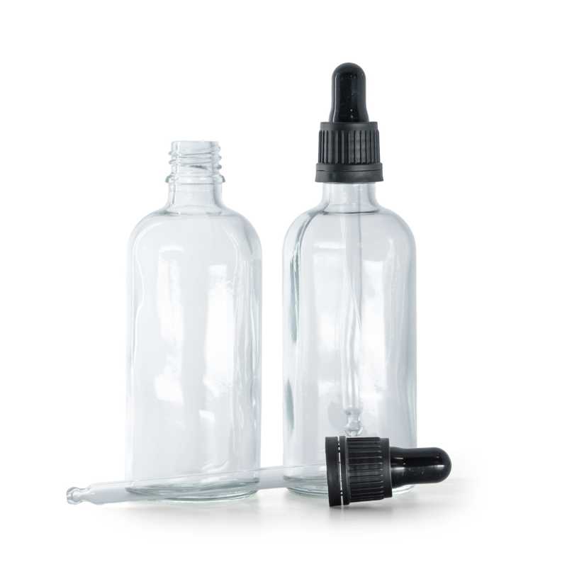 Bottiglia in vetro, trasparente, contagocce nero, 100 ml