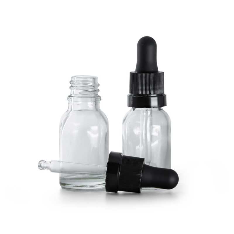 Flacone in vetro, trasparente, contagocce nero opaco con fascia lucida, 15 ml