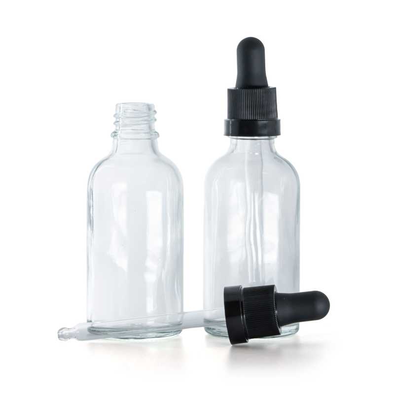 Bottiglia in vetro, trasparente, contagocce, nero opaco, fascia lucida, 50 ml