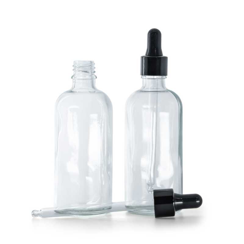 Flacone in vetro, trasparente, contagocce nero lucido, 100 ml